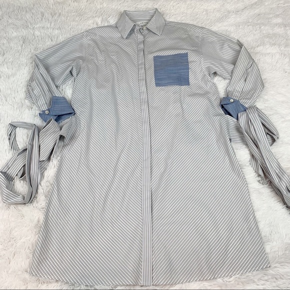 Frame contrast striped wrapped tie waist shirt dress button up pocket - Picture 2 of 12